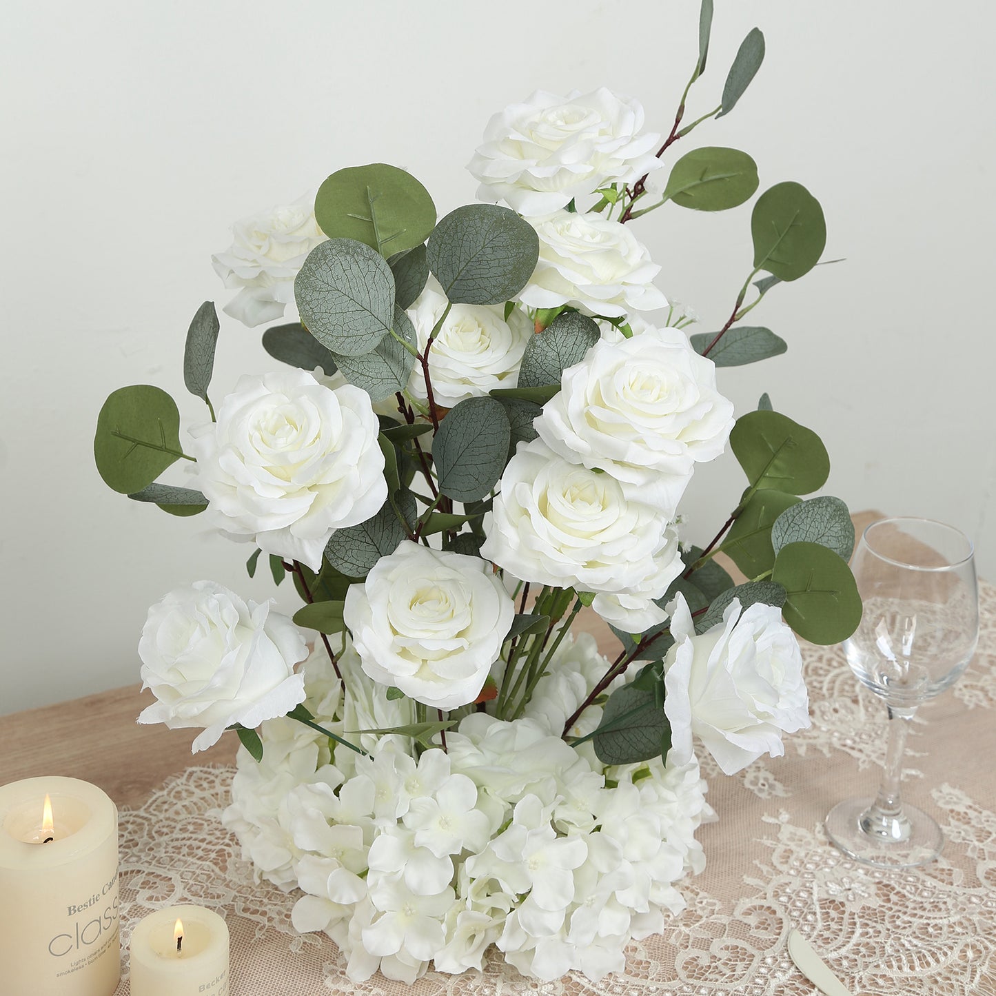 4-Pack White Artificial Flower Arrangements – 20" Roses, Hydrangeas & Eucalyptus, Free-Standing with Foam Base for Wedding Aisle Décor