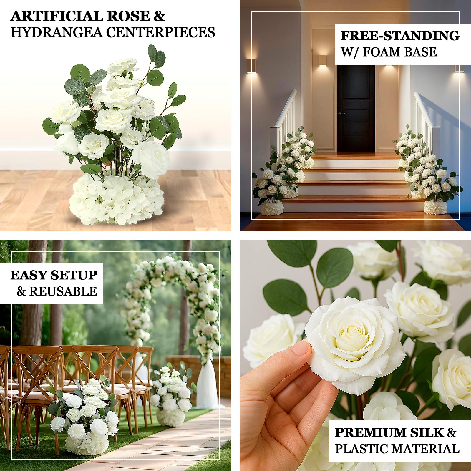 4-Pack White Artificial Flower Arrangements – 20" Roses, Hydrangeas & Eucalyptus, Free-Standing with Foam Base for Wedding Aisle Décor