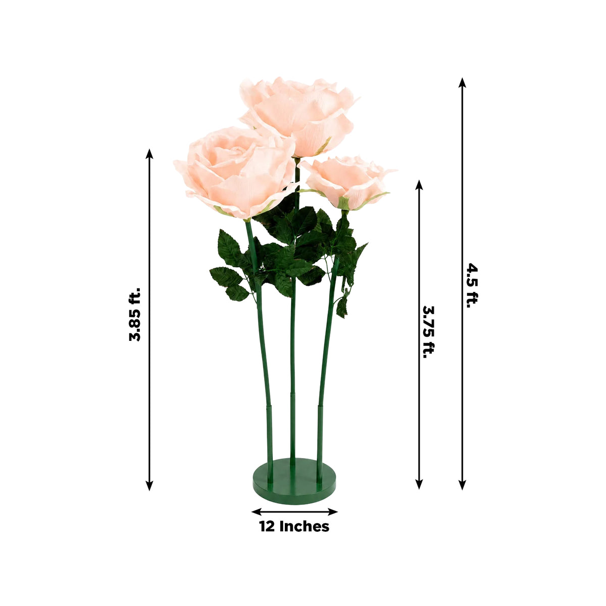 Giant Blush Artificial Rose Set with Base, 3 Standing Faux Flowers 3.75ft-4.5ft Tall for Photo Booth