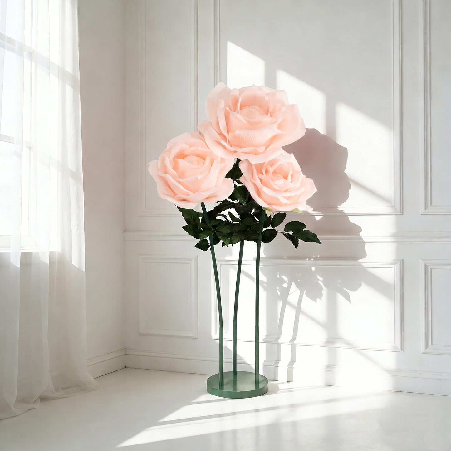 Giant Blush Artificial Rose Set with Base, 3 Standing Faux Flowers 3.75ft-4.5ft Tall for Photo Booth