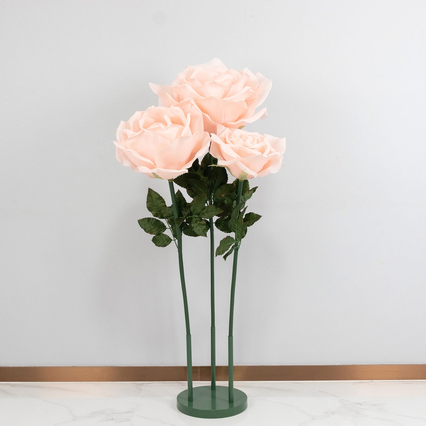 Giant Blush Artificial Rose Set with Base, 3 Standing Faux Flowers 3.75ft-4.5ft Tall for Photo Booth