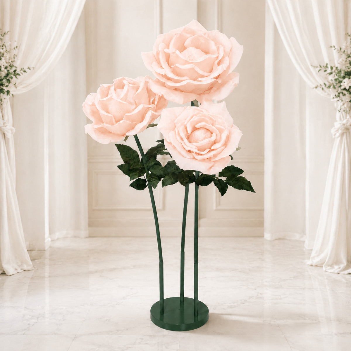 Giant Blush Artificial Rose Set with Base, 3 Standing Faux Flowers 3.75ft-4.5ft Tall for Photo Booth