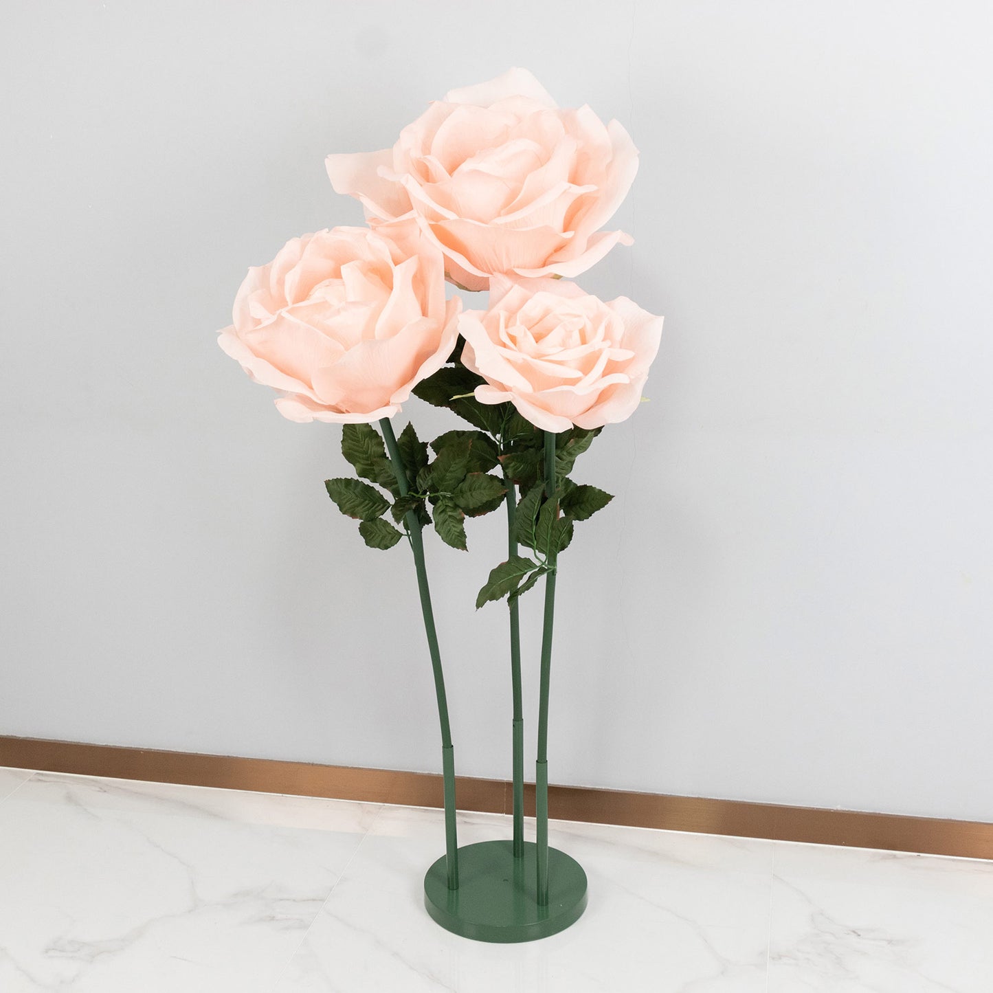 Giant Blush Artificial Rose Set with Base, 3 Standing Faux Flowers 3.75ft-4.5ft Tall for Photo Booth