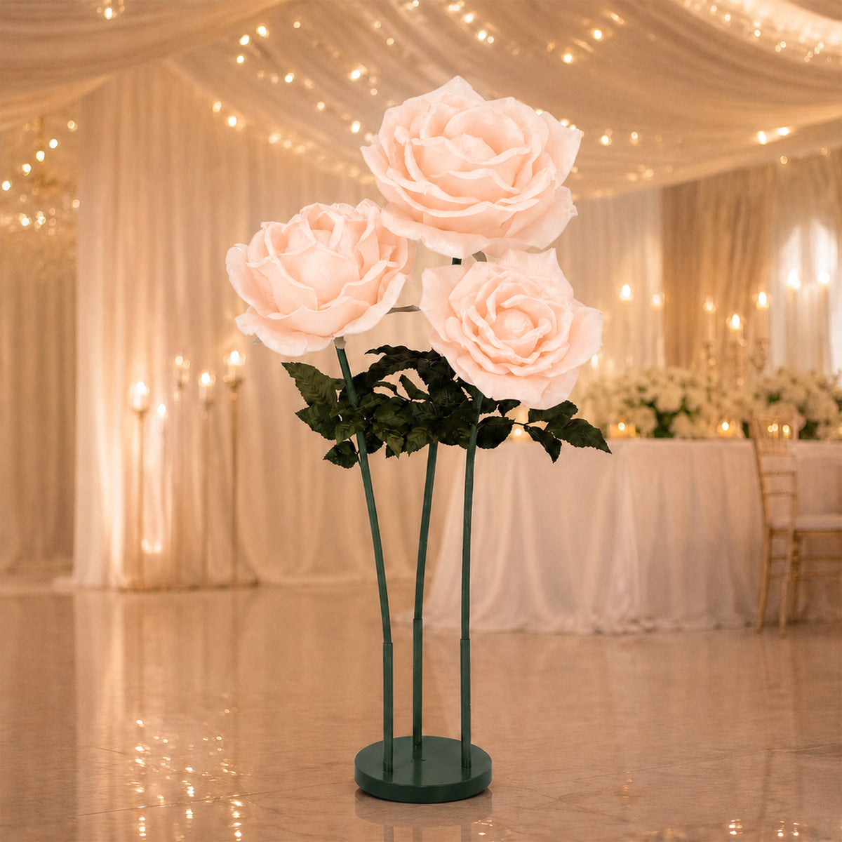 Giant Blush Artificial Rose Set with Base, 3 Standing Faux Flowers 3.75ft-4.5ft Tall for Photo Booth