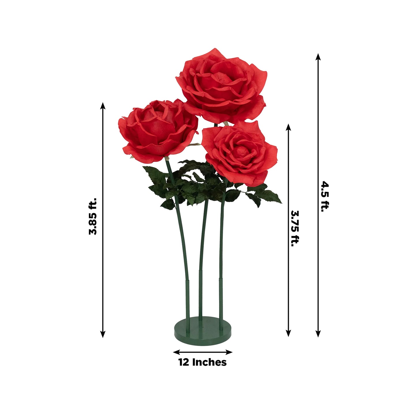 Giant red artificial rose set, 3 faux flowers up to 4.5ft tall for events.