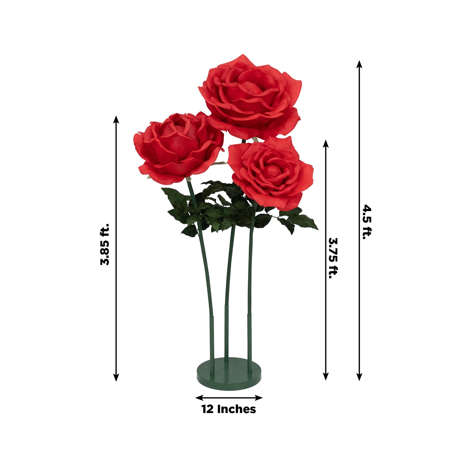 Giant red artificial rose set, 3 faux flowers up to 4.5ft tall for events.