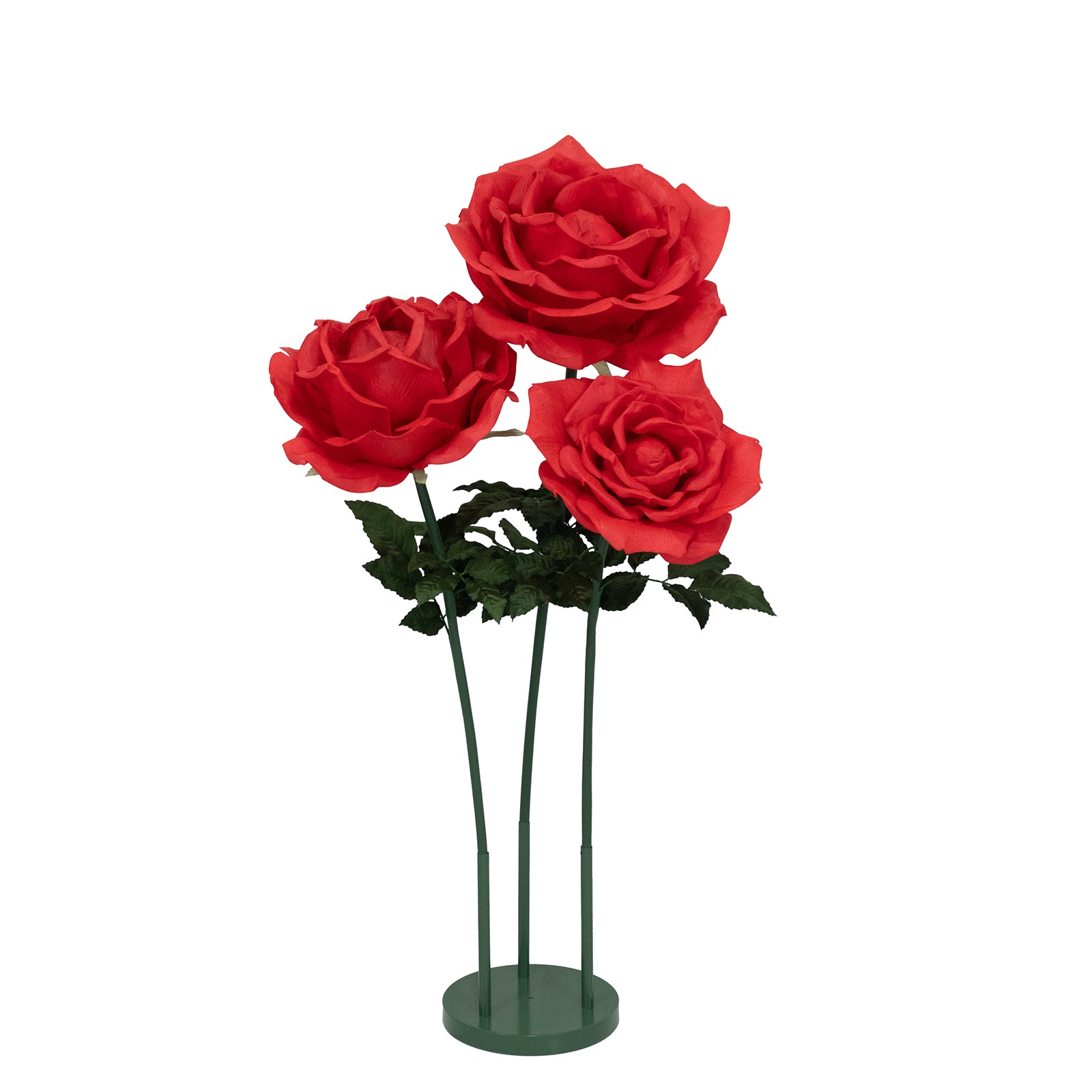 Giant red artificial rose set with base, 3 faux flowers for events and photo booths.