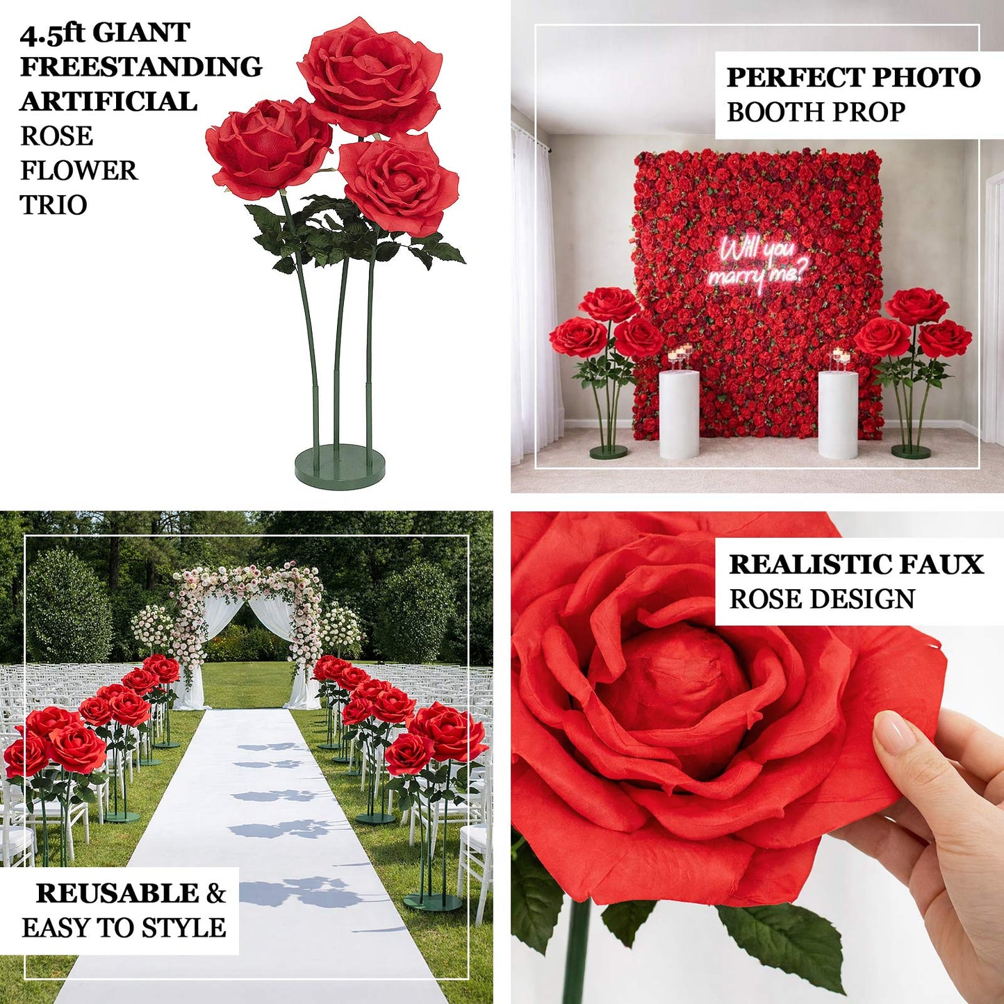 Giant Blush Artificial Rose Set with Base, 3 Standing Faux Flowers 3.75ft-4.5ft Tall for Photo Booth