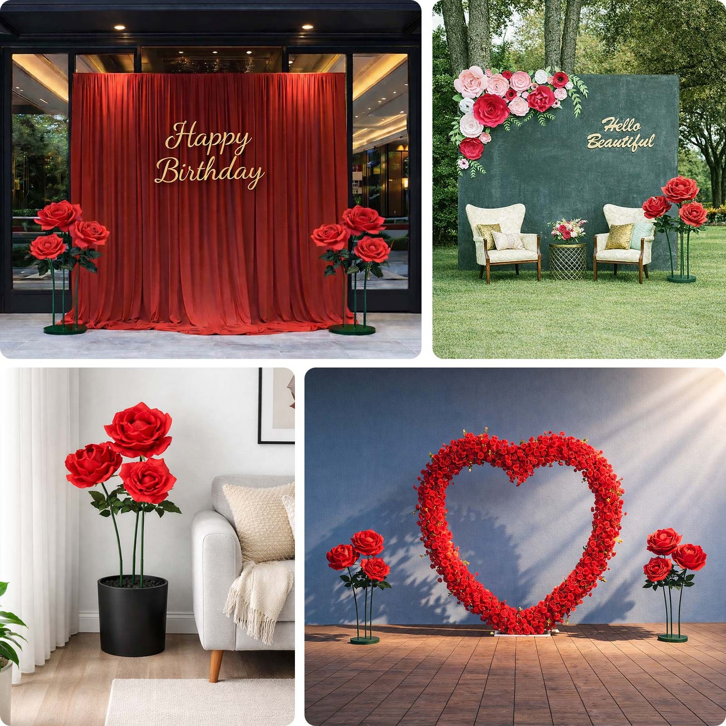 Giant Blush Artificial Rose Set with Base, 3 Standing Faux Flowers 3.75ft-4.5ft Tall for Photo Booth