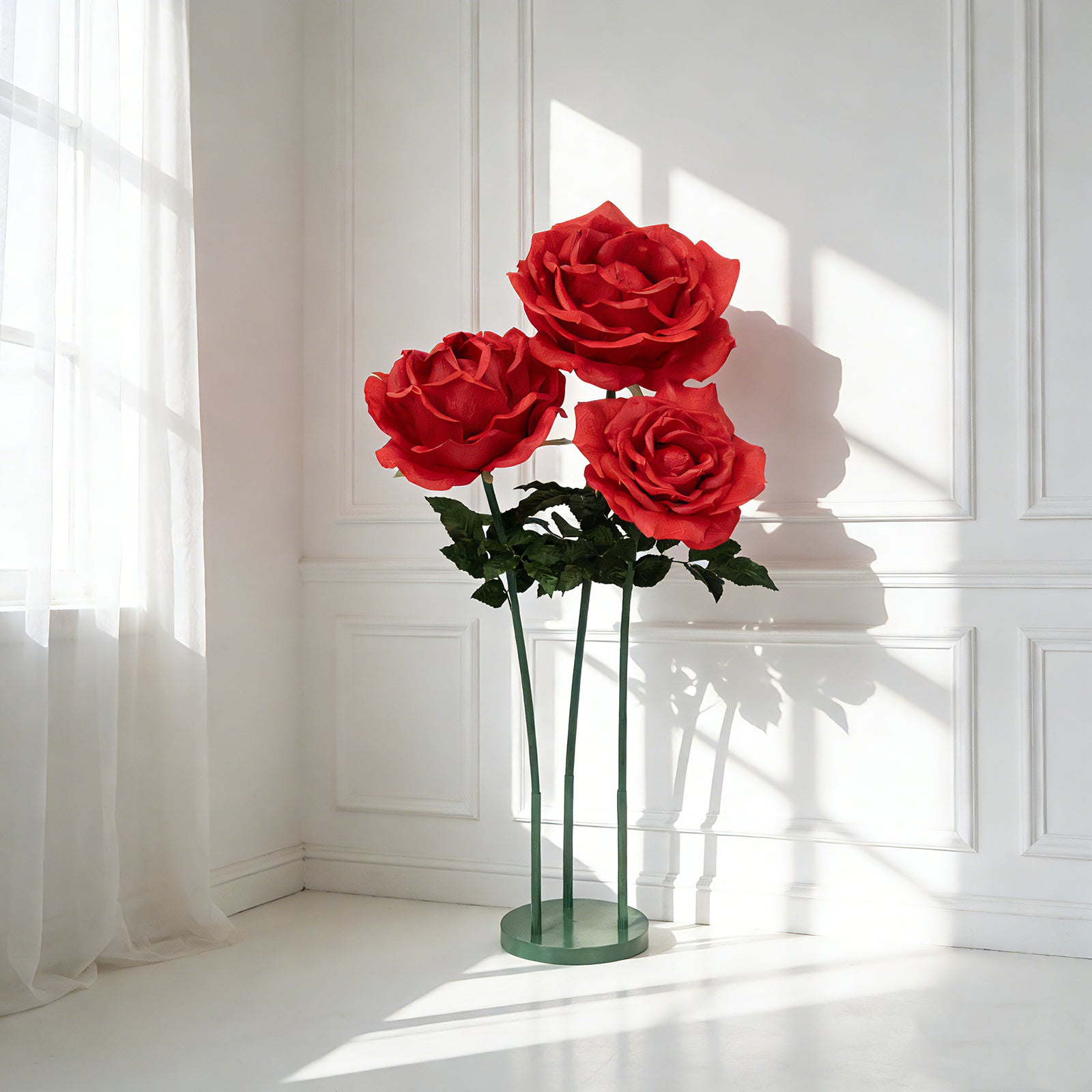 Giant red artificial rose set, 3 pcs, up to 4.5ft tall for decor.