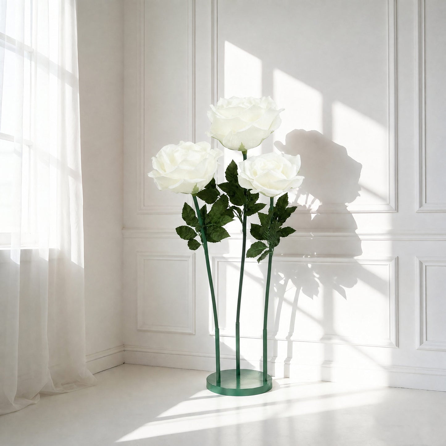 Giant White Artificial Rose Set with Base, 3 Standing Faux Flowers 3.75ft-4.5ft Tall for Photo Booth