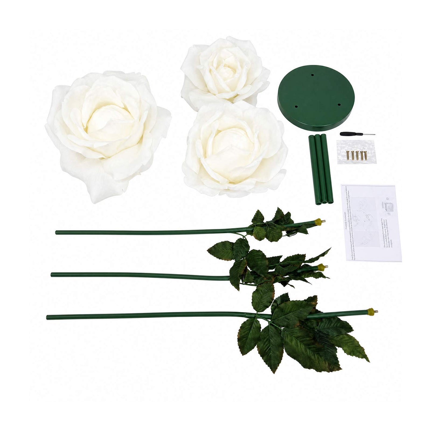 Giant White Artificial Rose Set with Base, 3 Standing Faux Flowers 3.75ft-4.5ft Tall for Photo Booth
