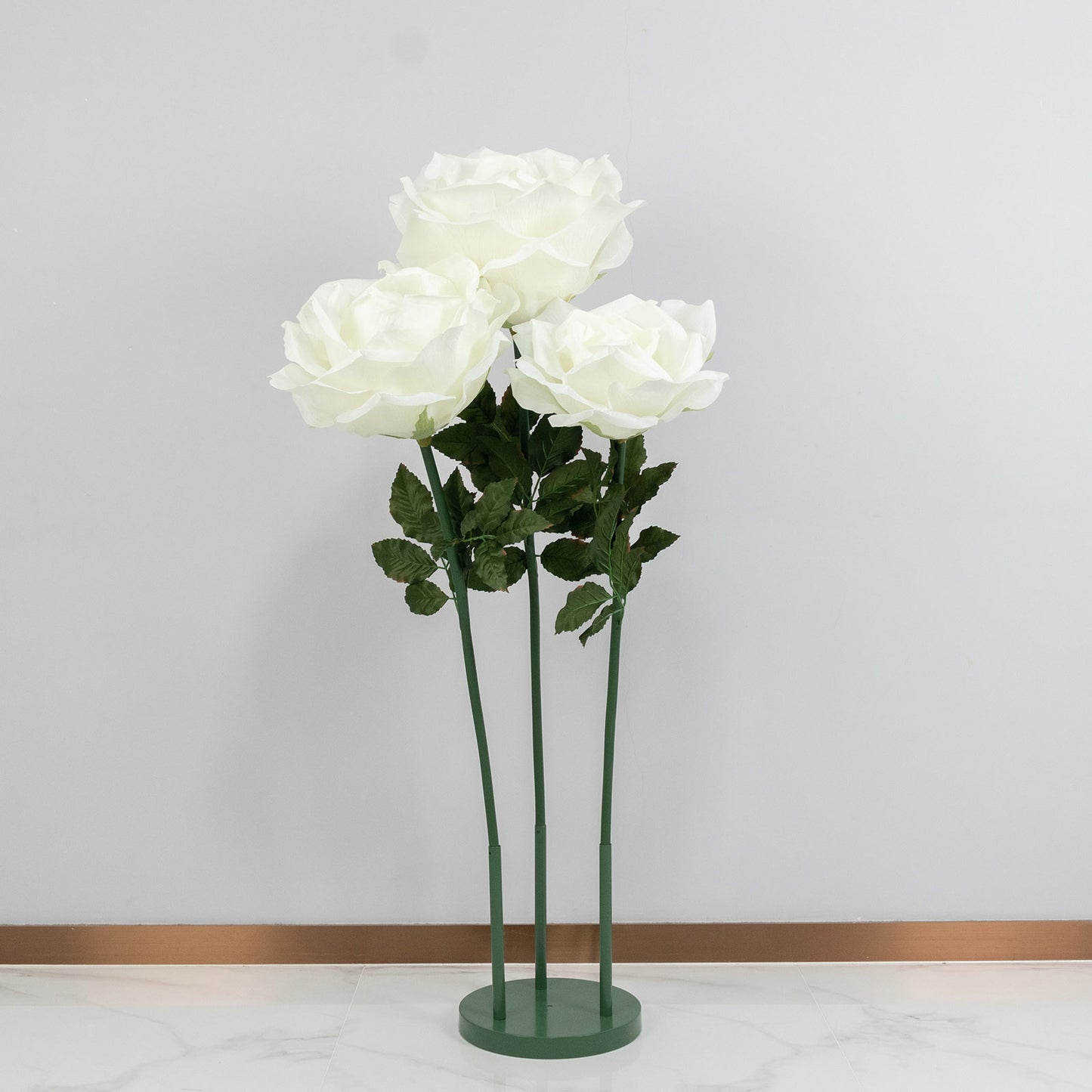 Giant White Artificial Rose Set with Base, 3 Standing Faux Flowers 3.75ft-4.5ft Tall for Photo Booth