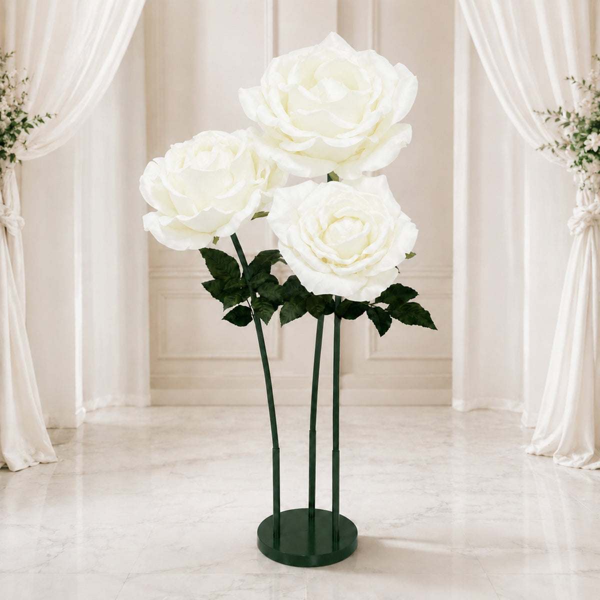 Giant White Artificial Rose Set with Base, 3 Standing Faux Flowers 3.75ft-4.5ft Tall for Photo Booth
