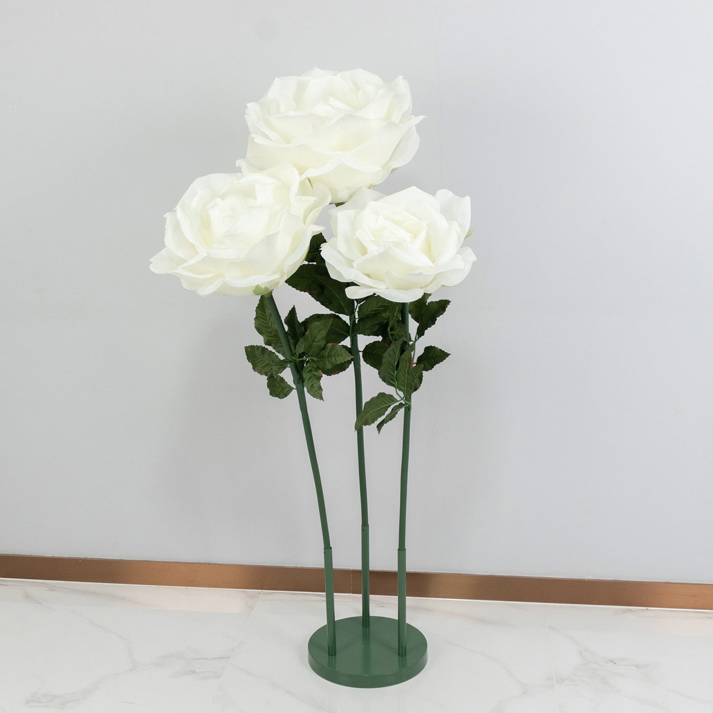 Giant White Artificial Rose Set with Base, 3 Standing Faux Flowers 3.75ft-4.5ft Tall for Photo Booth