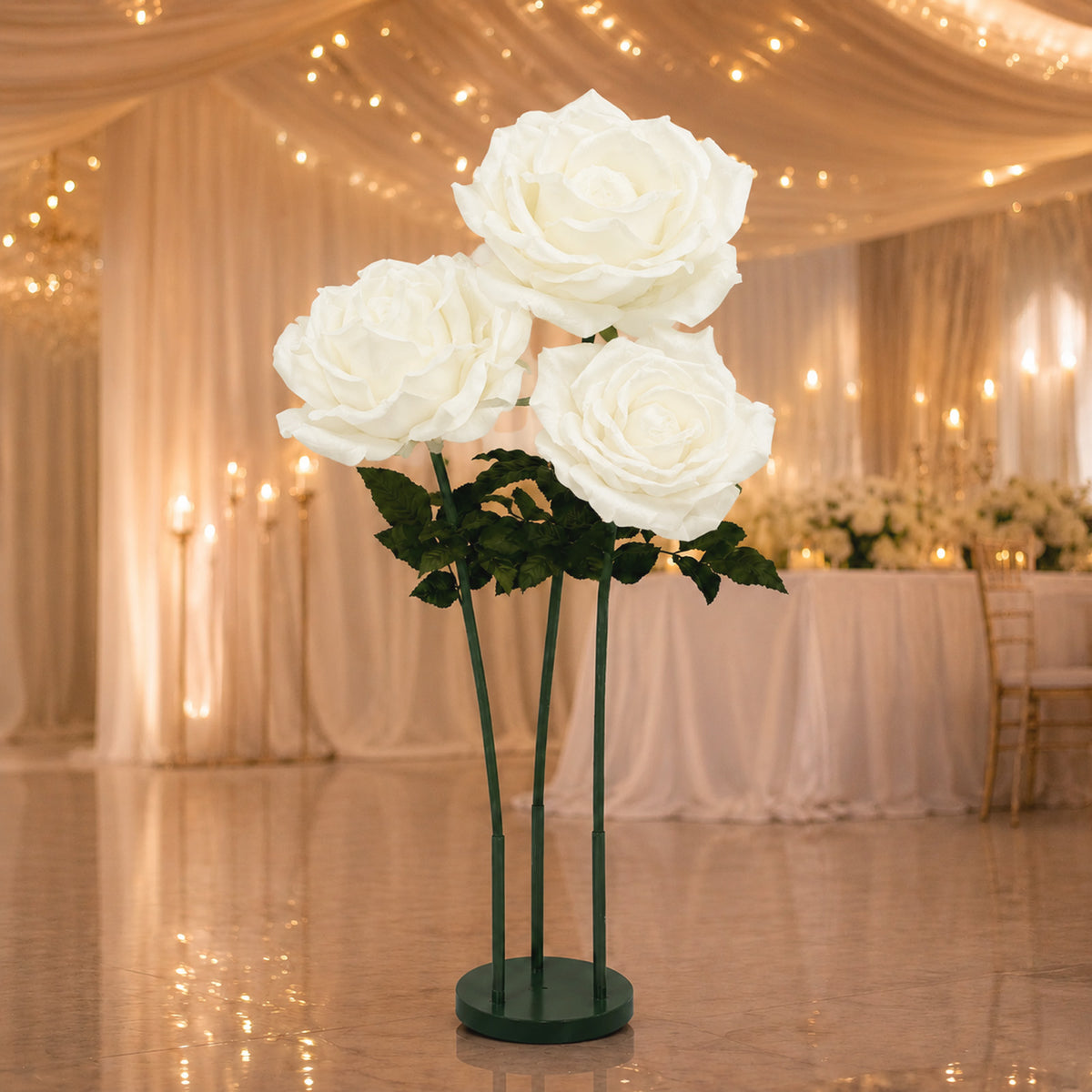 Giant White Artificial Rose Set with Base, 3 Standing Faux Flowers 3.75ft-4.5ft Tall for Photo Booth