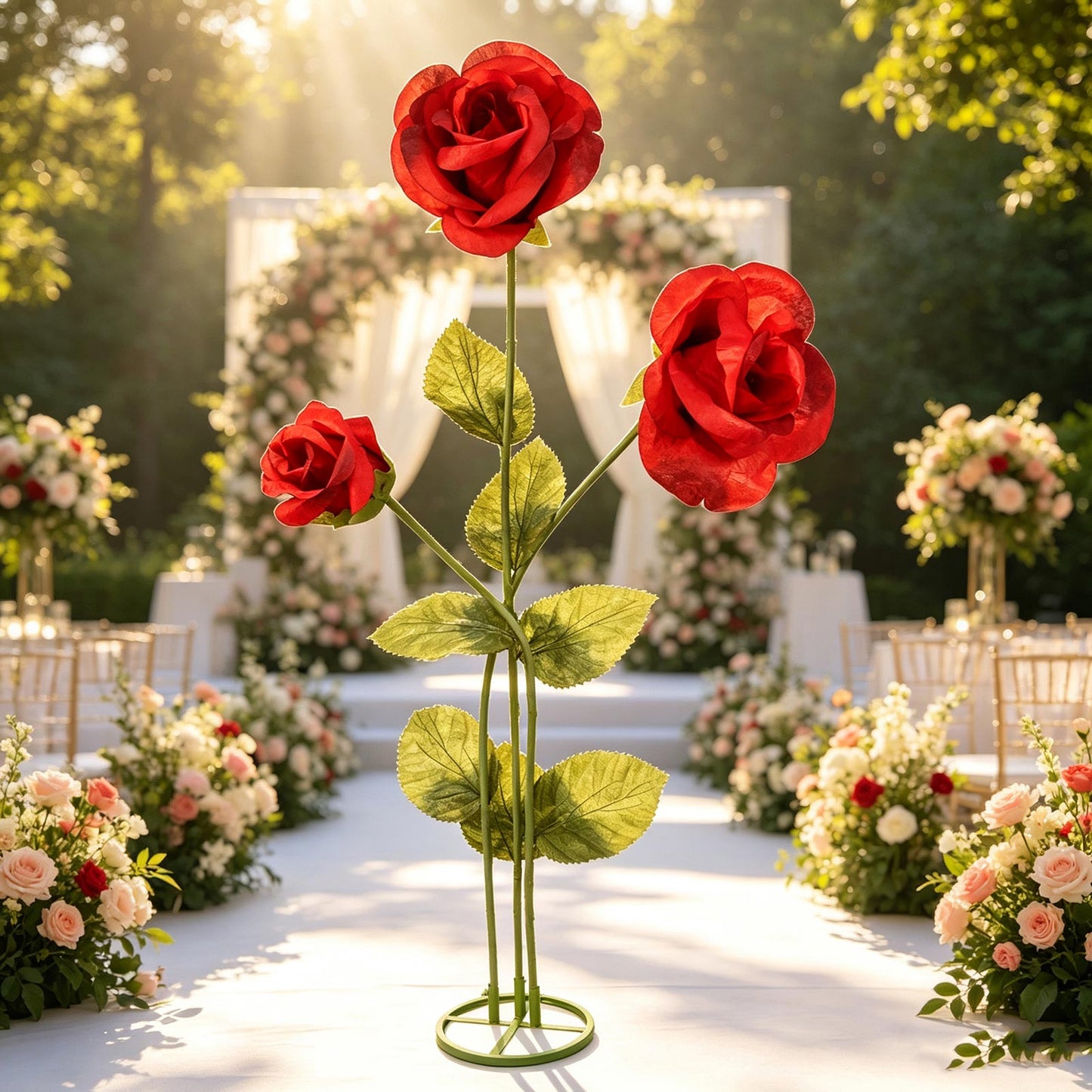 Giant Paper Rose Floor Display Set, 3 Pcs Long Stem Artificial Roses with Metal Base 6.5ft Red - Fre