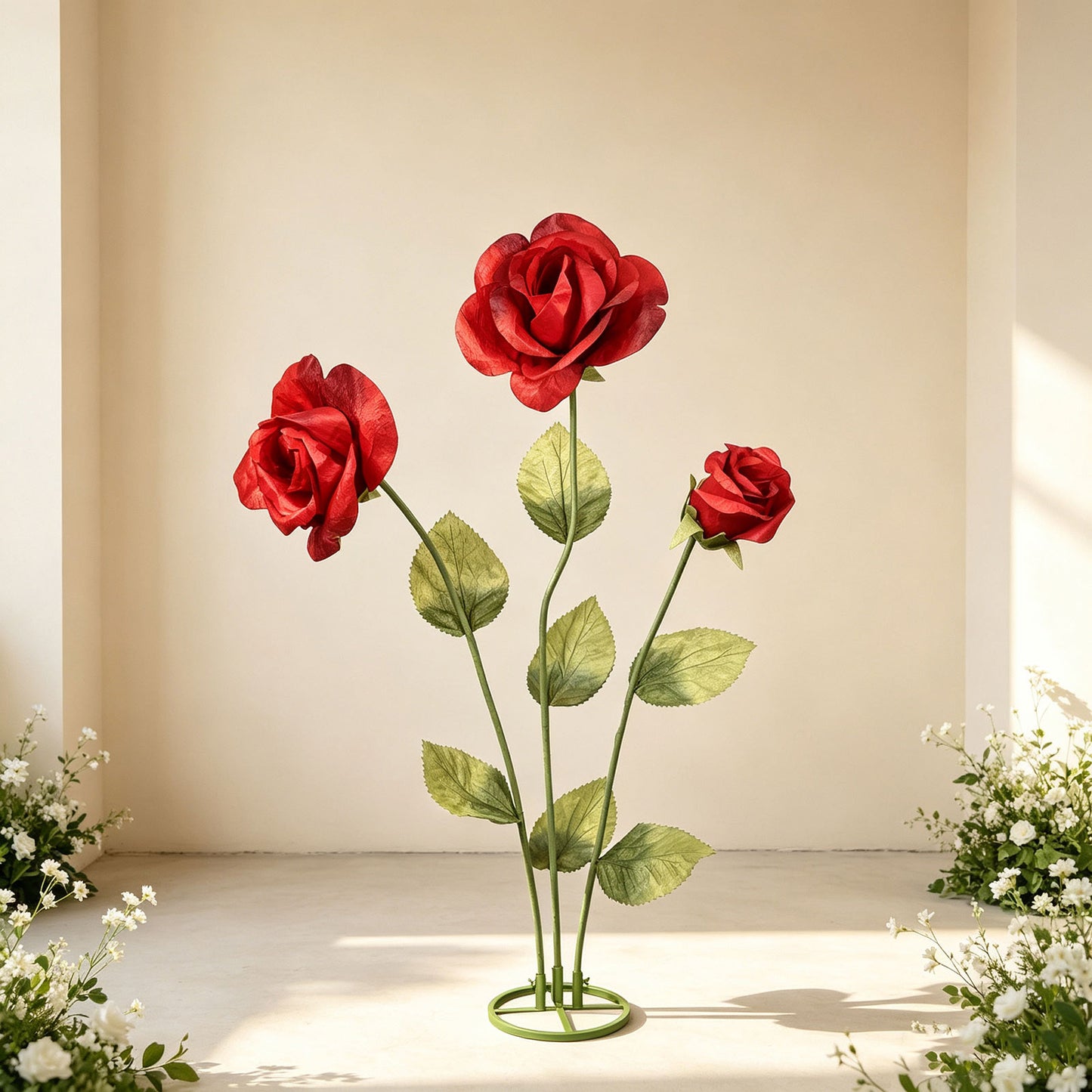 Giant Paper Rose Floor Display Set, 3 Pcs Long Stem Artificial Roses with Metal Base 6.5ft Red - Fre