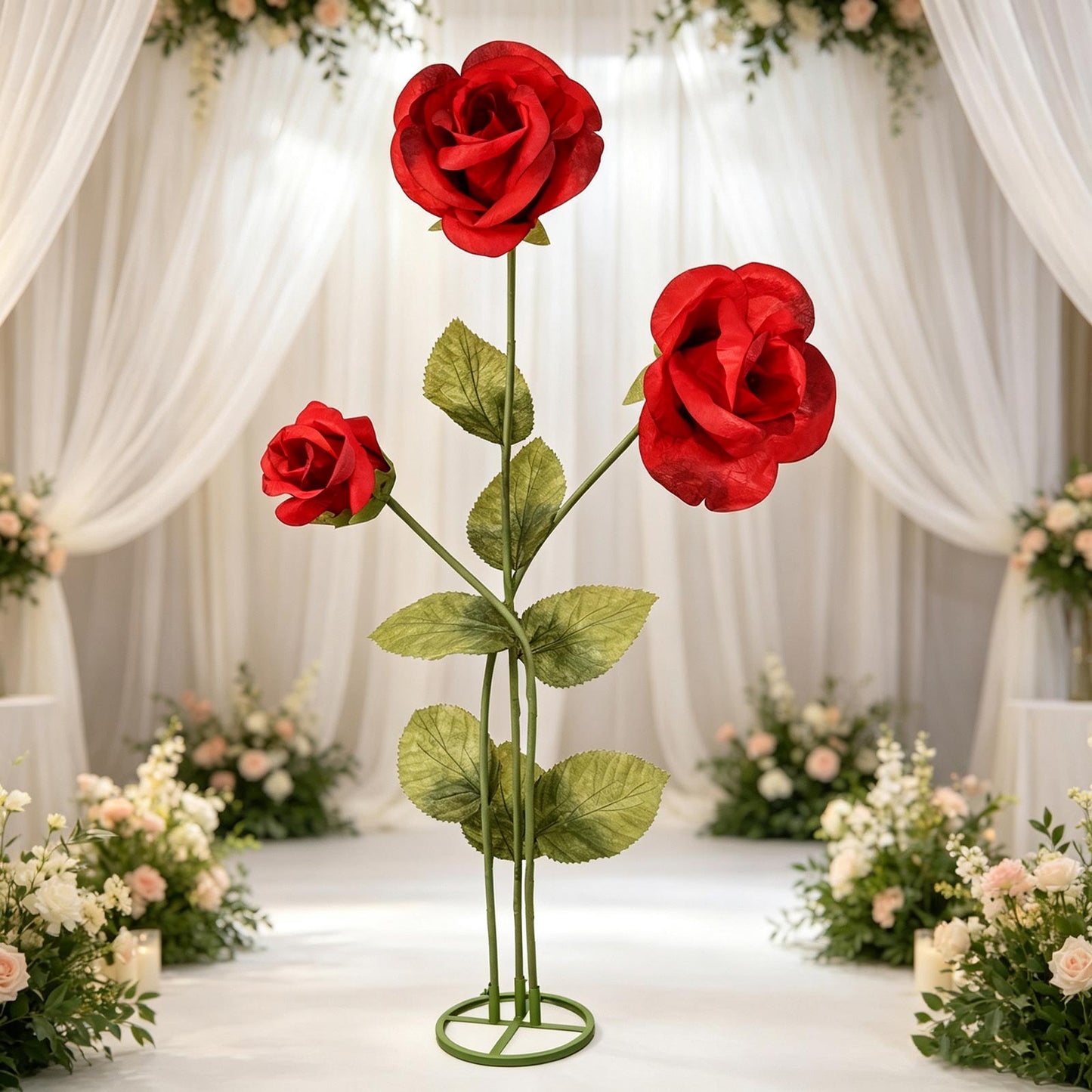 Giant Paper Rose Floor Display Set, 3 Pcs Long Stem Artificial Roses with Metal Base 6.5ft Red - Fre