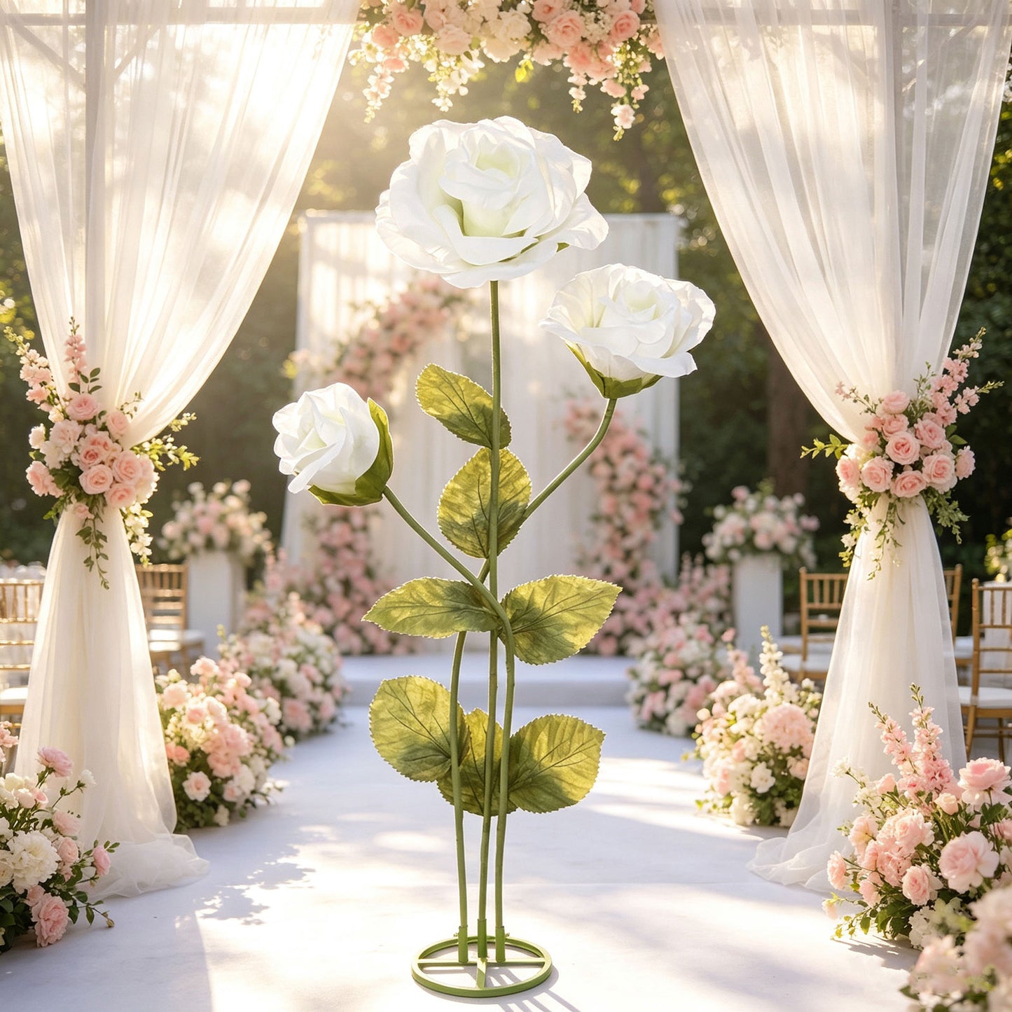 Giant Paper Rose Floor Display Set, 3 Pcs Long Stem Artificial Roses with Metal Base 6.5ft White - F