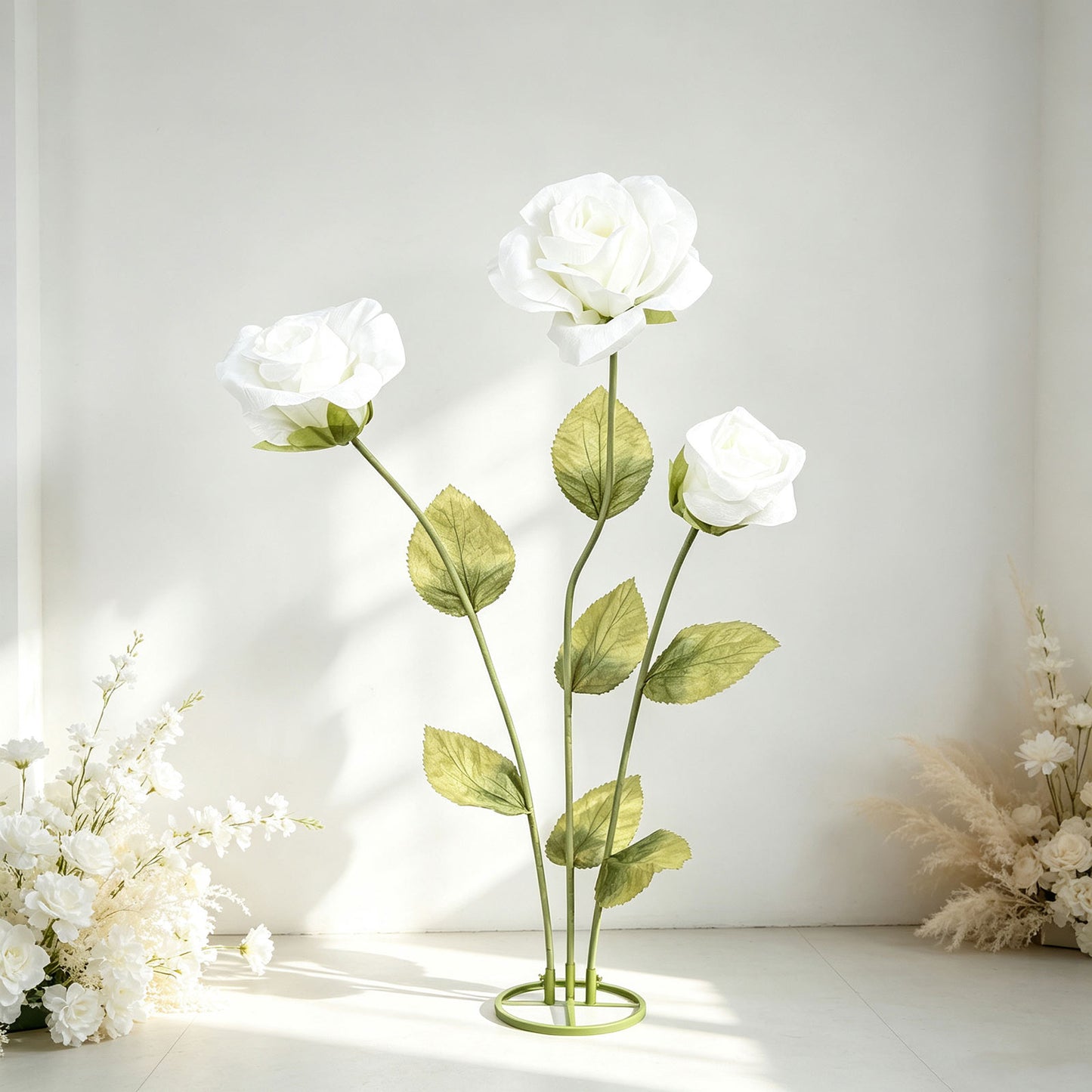 Giant Paper Rose Floor Display Set, 3 Pcs Long Stem Artificial Roses with Metal Base 6.5ft White - F