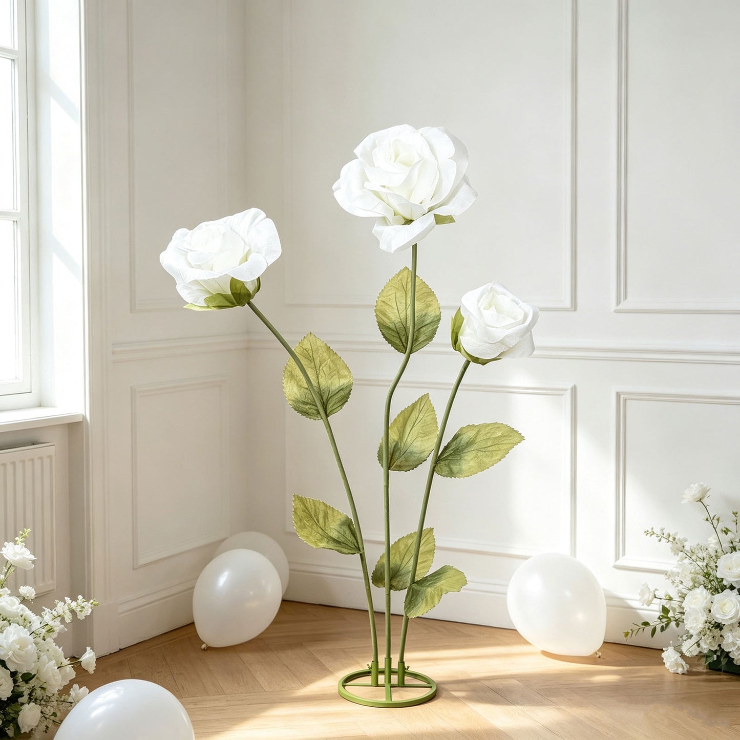 Giant Paper Rose Floor Display Set, 3 Pcs Long Stem Artificial Roses with Metal Base 6.5ft White - F