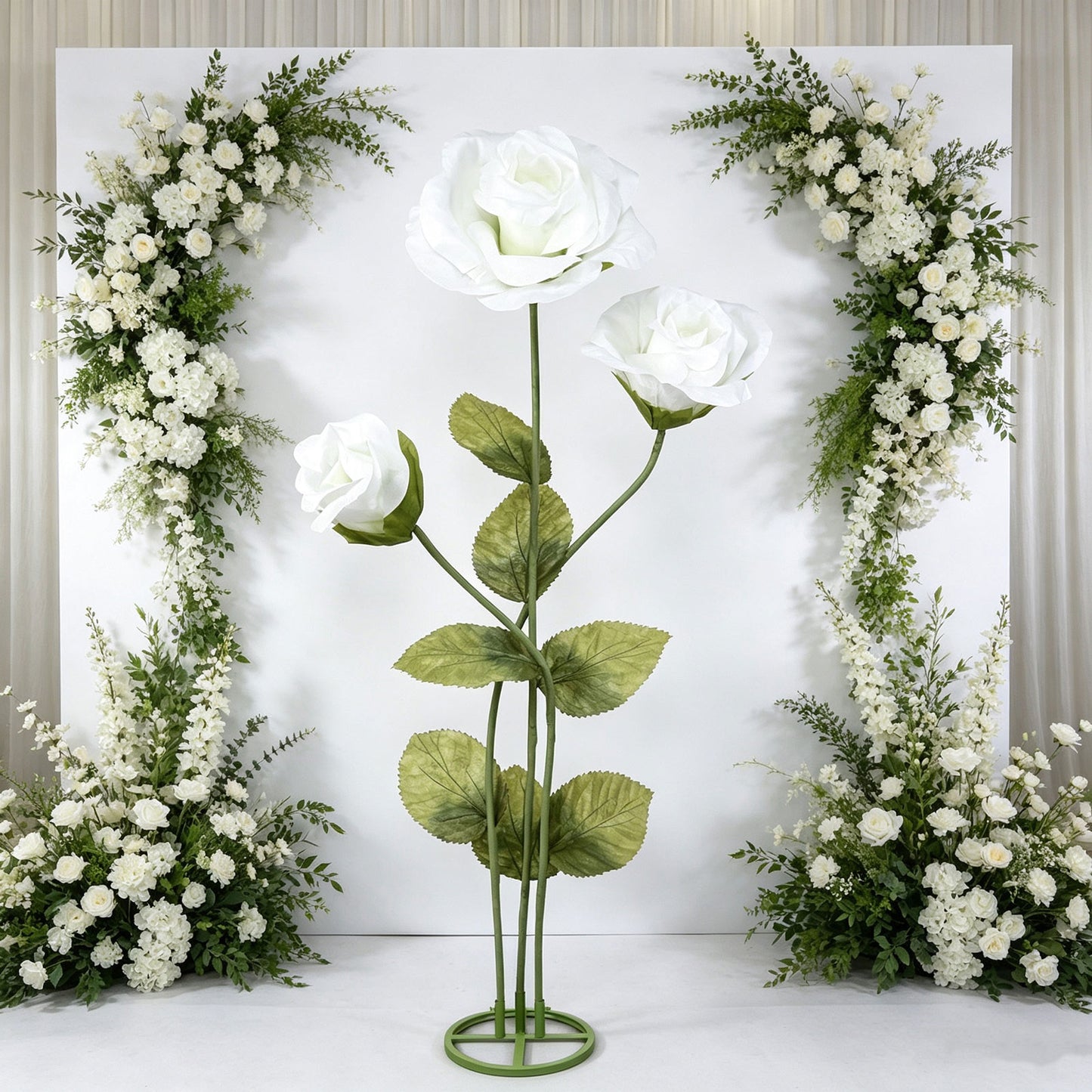 Giant Paper Rose Floor Display Set, 3 Pcs Long Stem Artificial Roses with Metal Base 6.5ft White - F