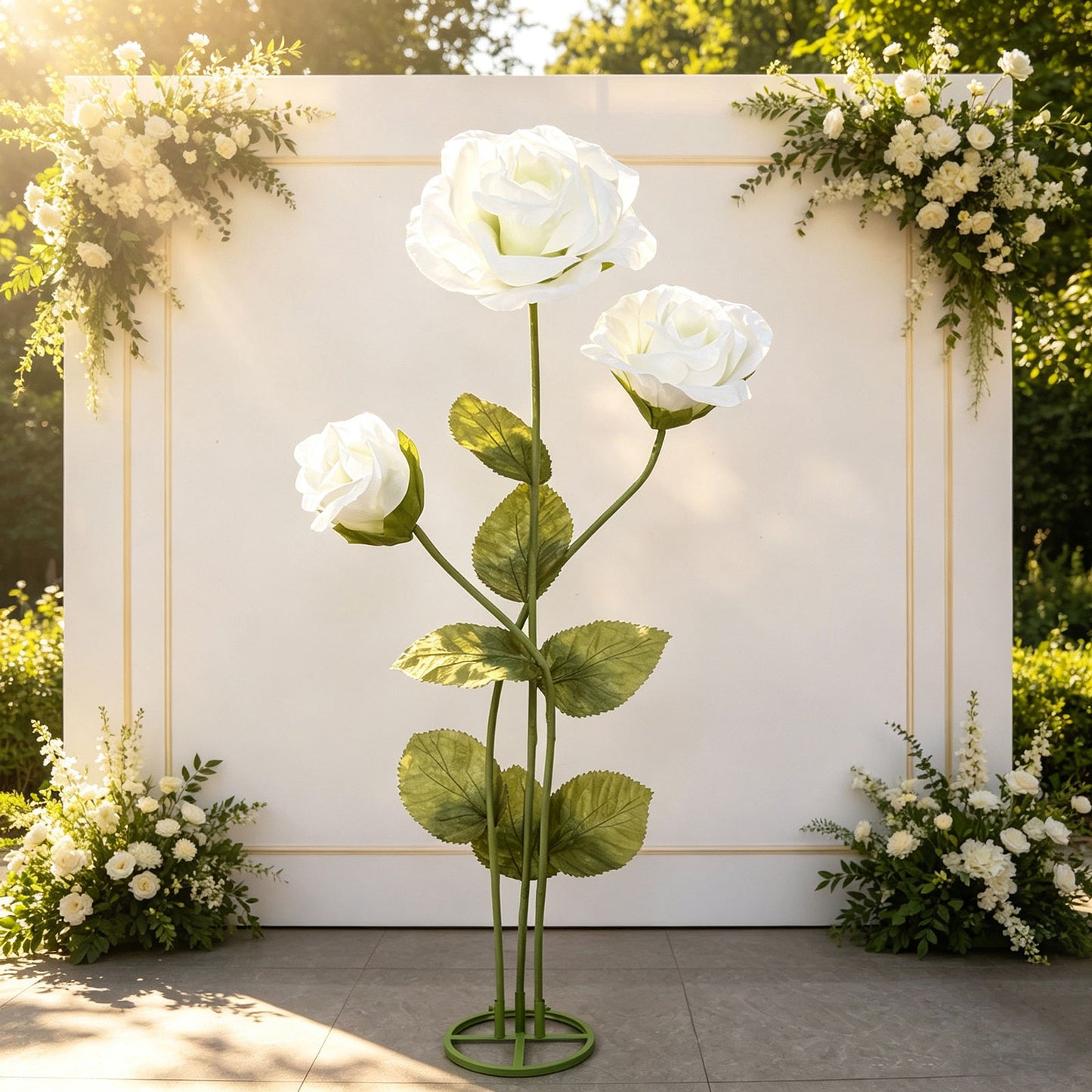 Giant Paper Rose Floor Display Set, 3 Pcs Long Stem Artificial Roses with Metal Base 6.5ft White - F
