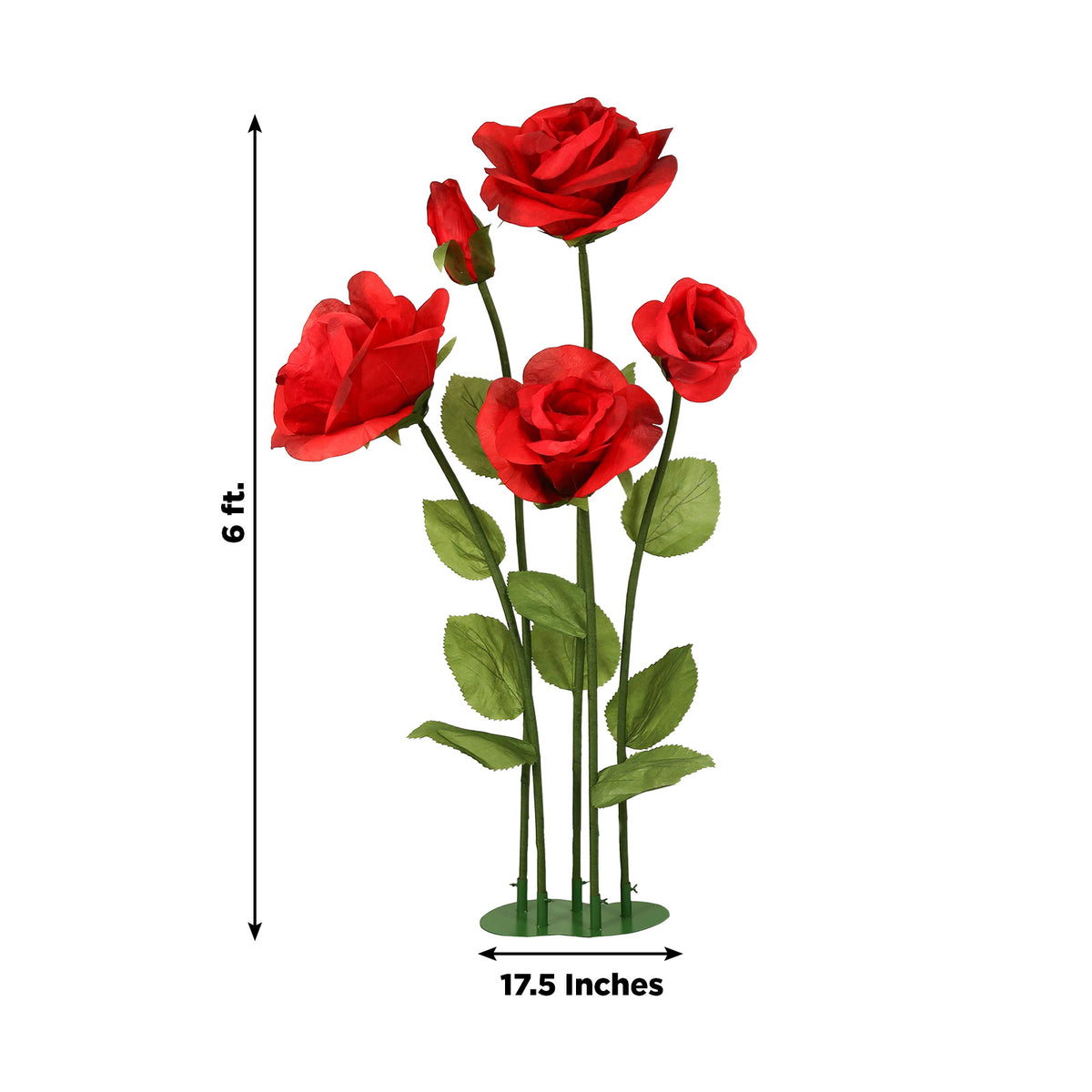 Giant Paper Rose Floor Display Set, 5 Pcs Long Stem Roses with Bud & Metal Base, 6ft, Red - Freestan