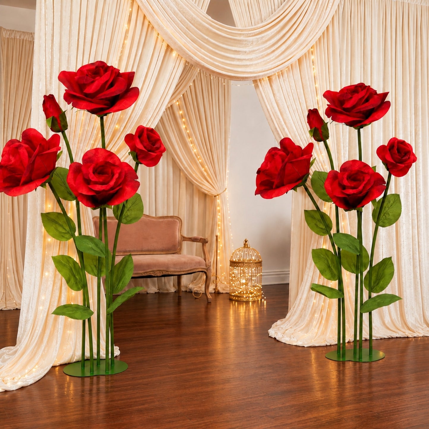 Giant Paper Rose Floor Display Set, 5 Pcs Long Stem Roses with Bud & Metal Base, 6ft, Red - Freestan