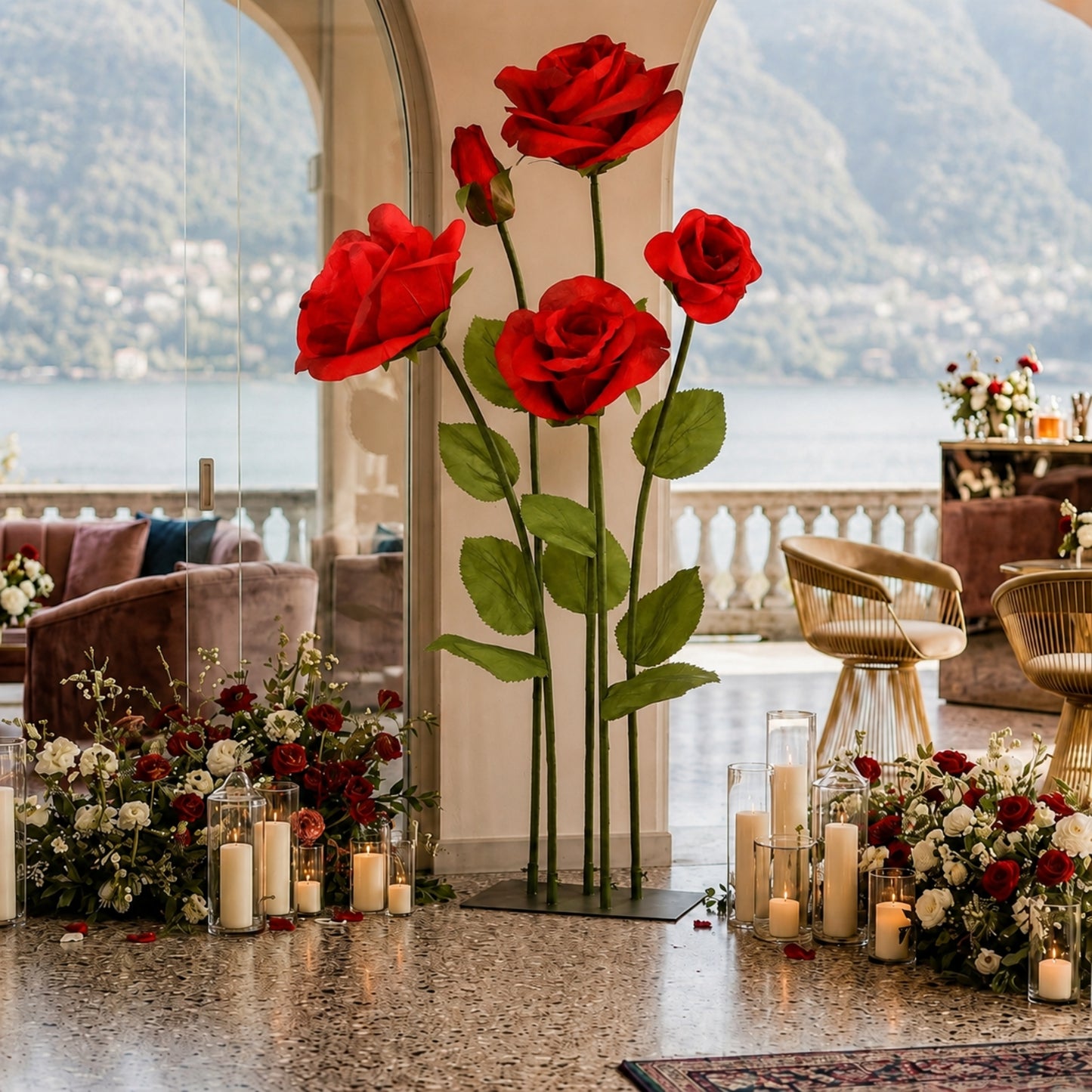 Giant Paper Rose Floor Display Set, 5 Pcs Long Stem Roses with Bud & Metal Base, 6ft, Red - Freestan
