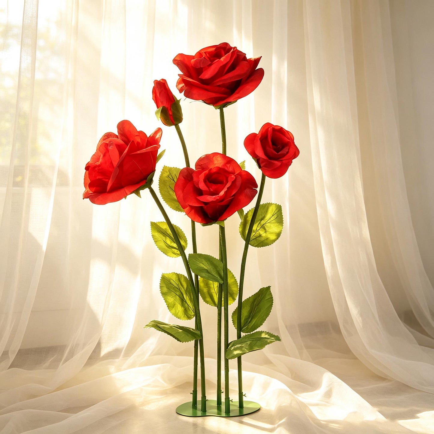 Giant Paper Rose Floor Display Set, 5 Pcs Long Stem Roses with Bud & Metal Base, 6ft, Red - Freestan