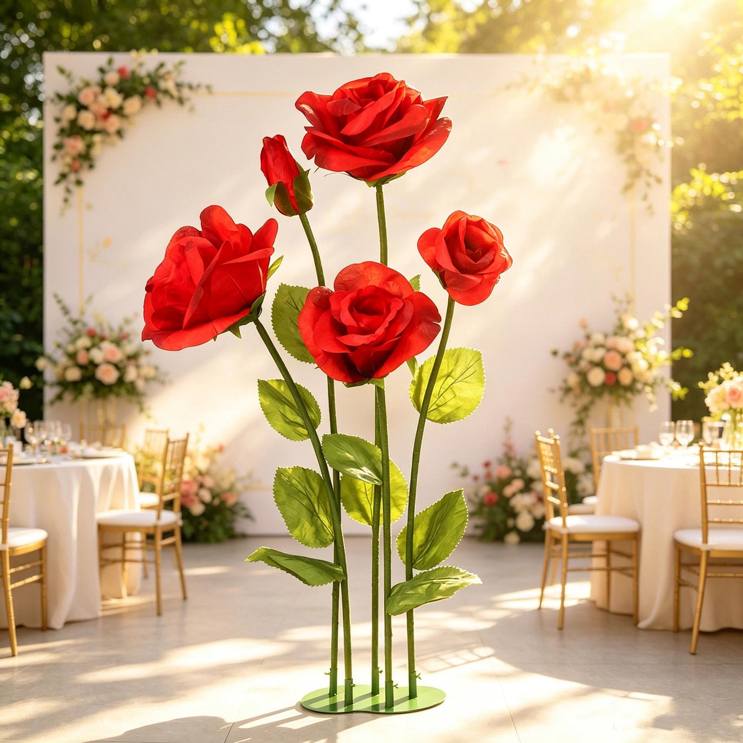 Giant Paper Rose Floor Display Set, 5 Pcs Long Stem Roses with Bud & Metal Base, 6ft, Red - Freestan