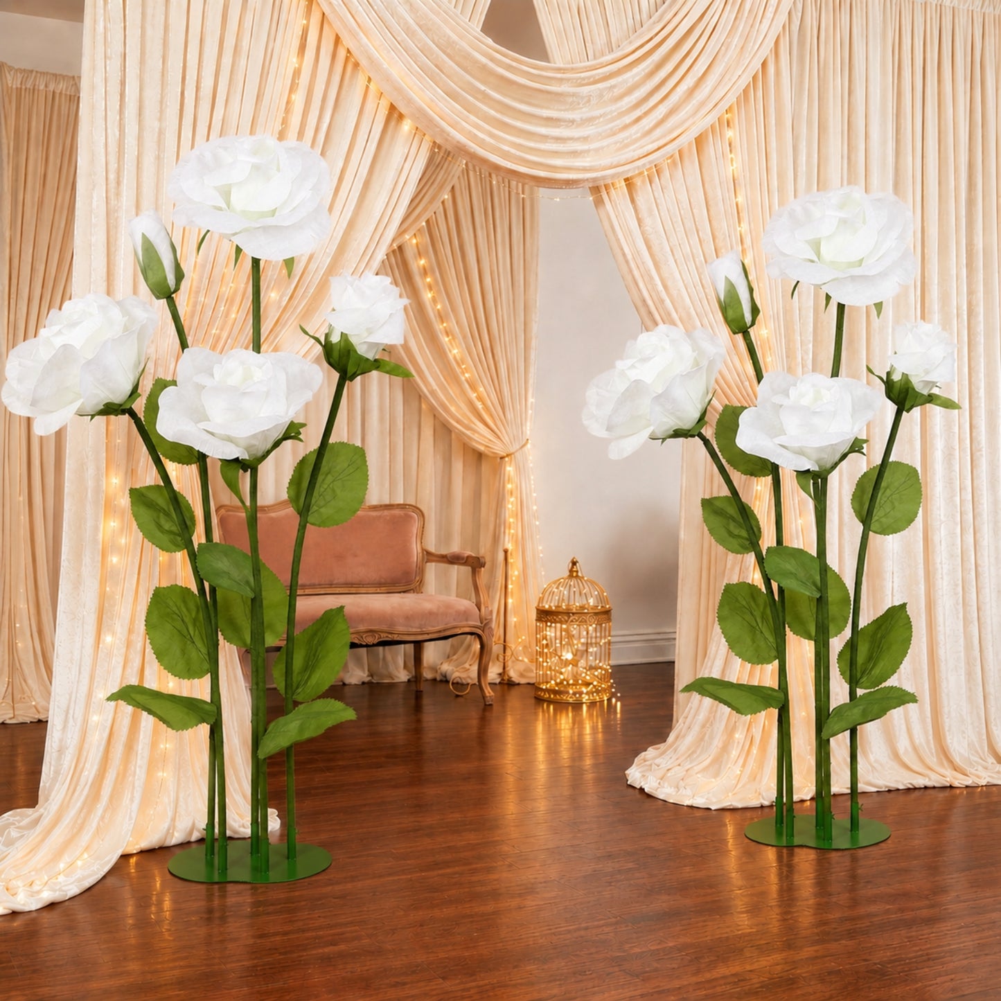 Giant Paper Rose Floor Display Set, 5 Pcs Long Stem Roses with Bud & Metal Base, 6ft, White - Freest