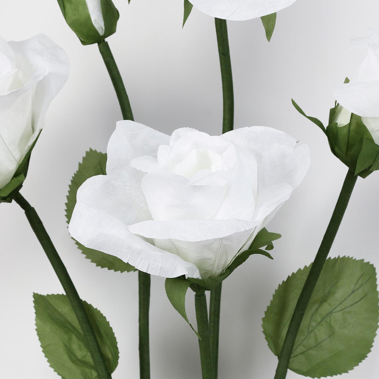 Giant Paper Rose Floor Display Set, 5 Pcs Long Stem Roses with Bud & Metal Base, 6ft, White - Freest