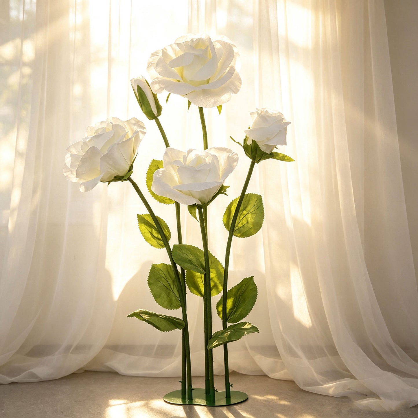 Giant Paper Rose Floor Display Set, 5 Pcs Long Stem Roses with Bud & Metal Base, 6ft, White - Freest