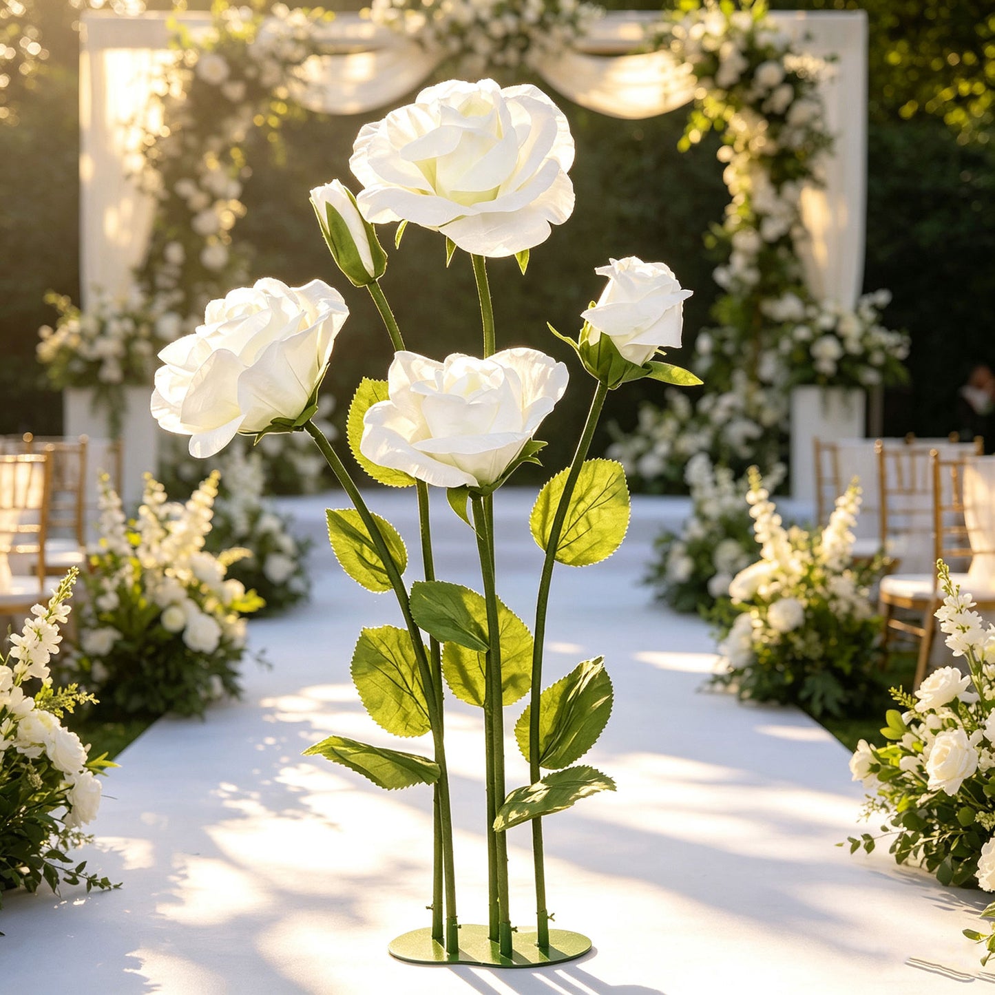 Giant Paper Rose Floor Display Set, 5 Pcs Long Stem Roses with Bud & Metal Base, 6ft, White - Freest