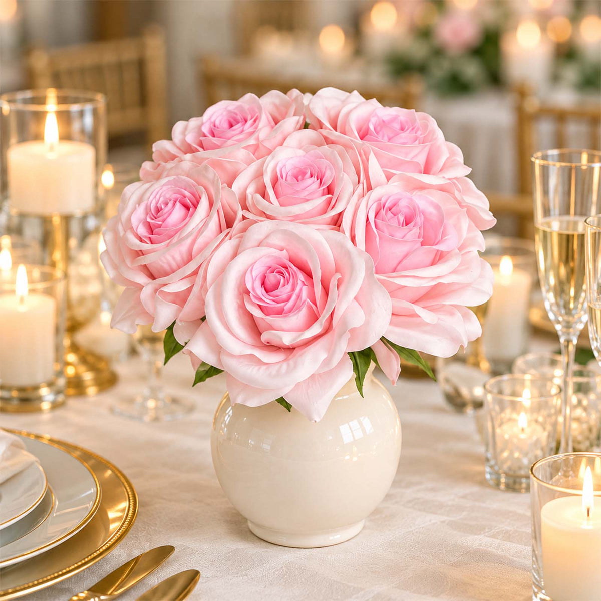 10 Stems 12" Real Touch Artificial Silk Rose Bouquet, Blush Flower Bundle with Bendable Wire Stems f