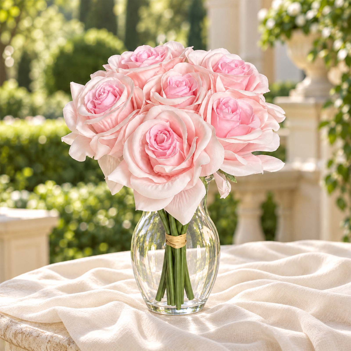 10 Stems 12" Real Touch Artificial Silk Rose Bouquet, Blush Flower Bundle with Bendable Wire Stems f