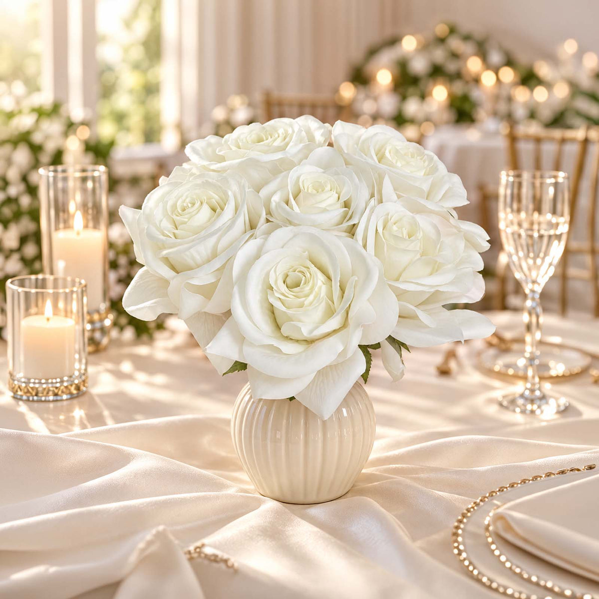 10 Stems 12" Real Touch Artificial Silk Rose Bouquet, White Flower Bundle with Bendable Wire Stems f