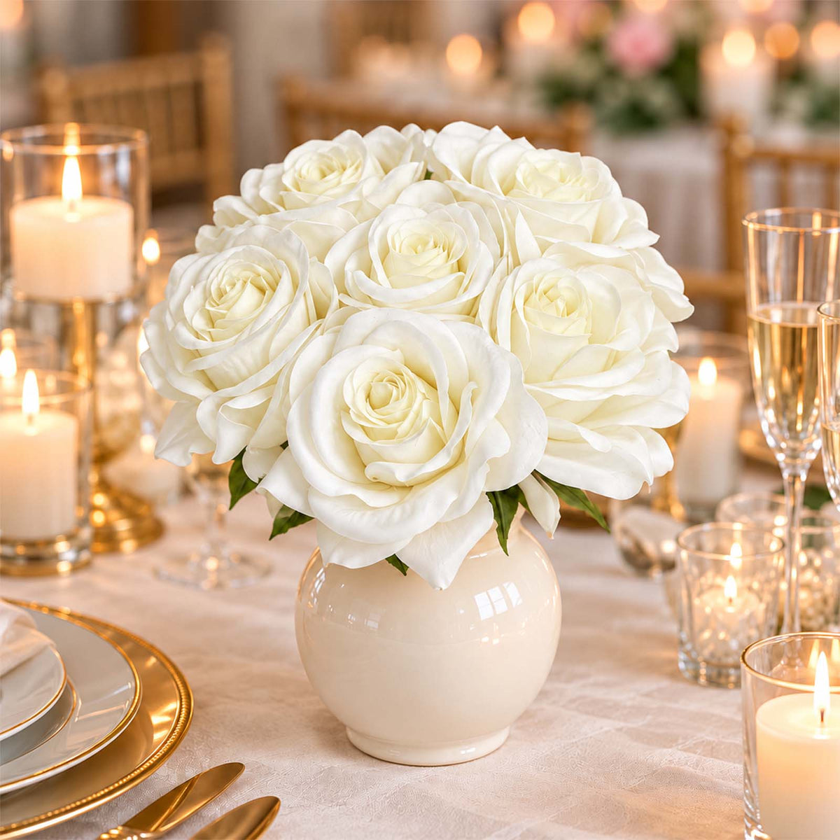 10 Stems 12" Real Touch Artificial Silk Rose Bouquet, White Flower Bundle with Bendable Wire Stems f