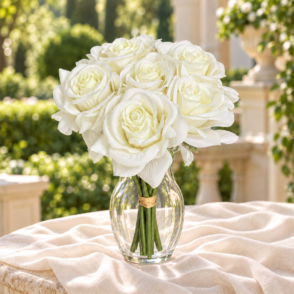 10 Stems 12" Real Touch Artificial Silk Rose Bouquet, White Flower Bundle with Bendable Wire Stems f