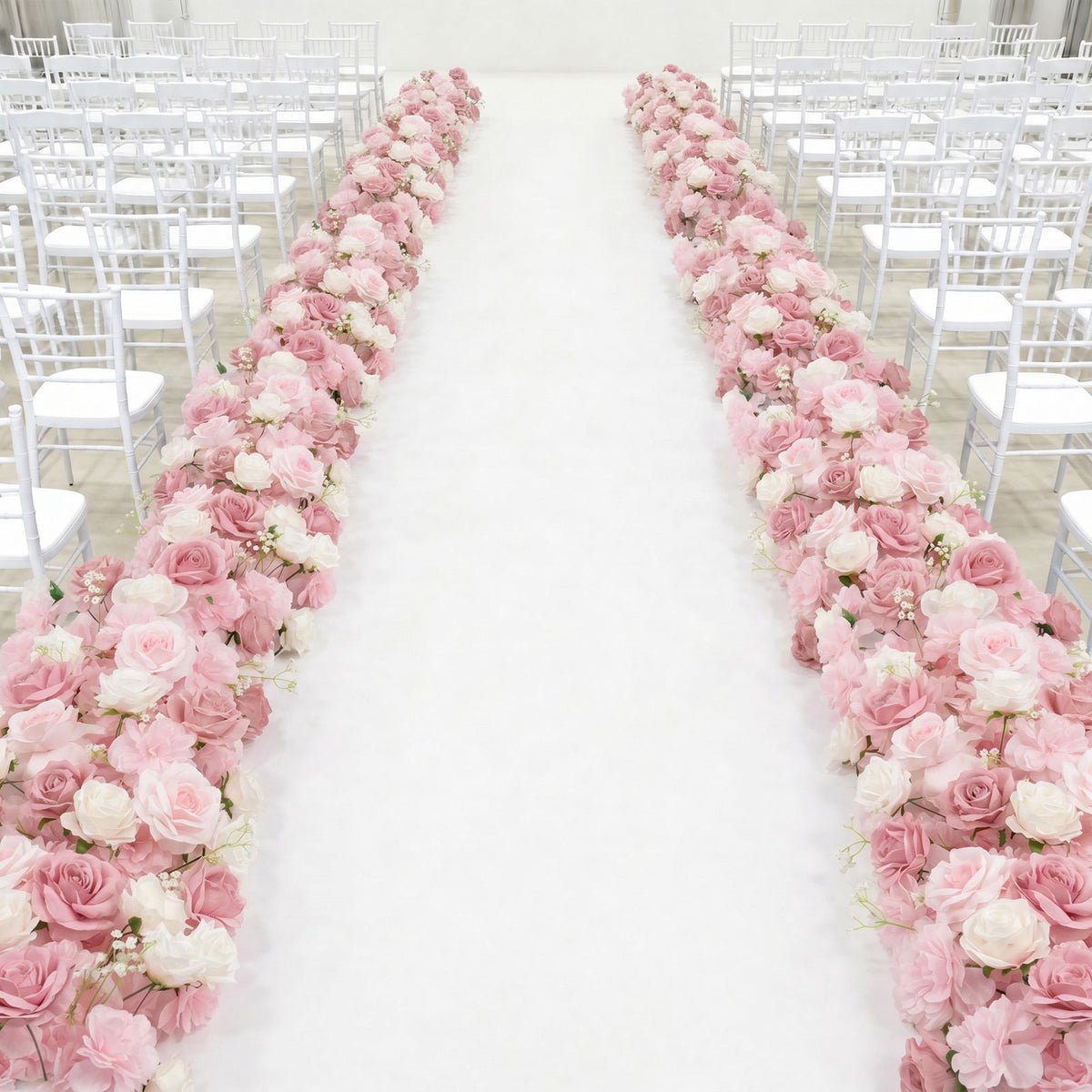 Pre-Arranged Silk Flower Table Runner 40"x16" – Mix Blush Roses, Hydrangeas & Baby's Breath for Wedd