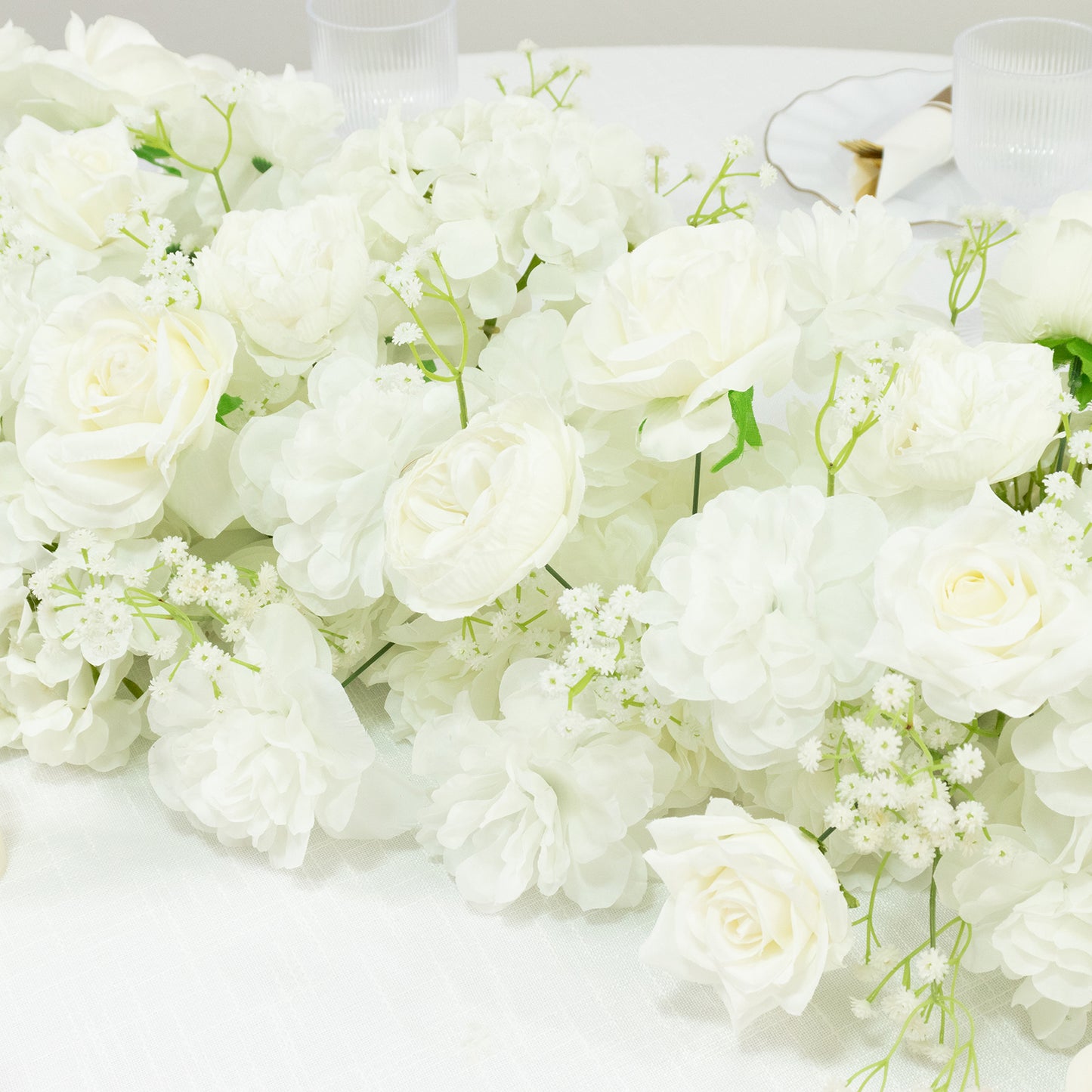 Pre-Arranged Silk Flower Table Runner 40"x16" – White Roses, Hydrangeas & Baby's Breath for Wedding Table & Arch Decor