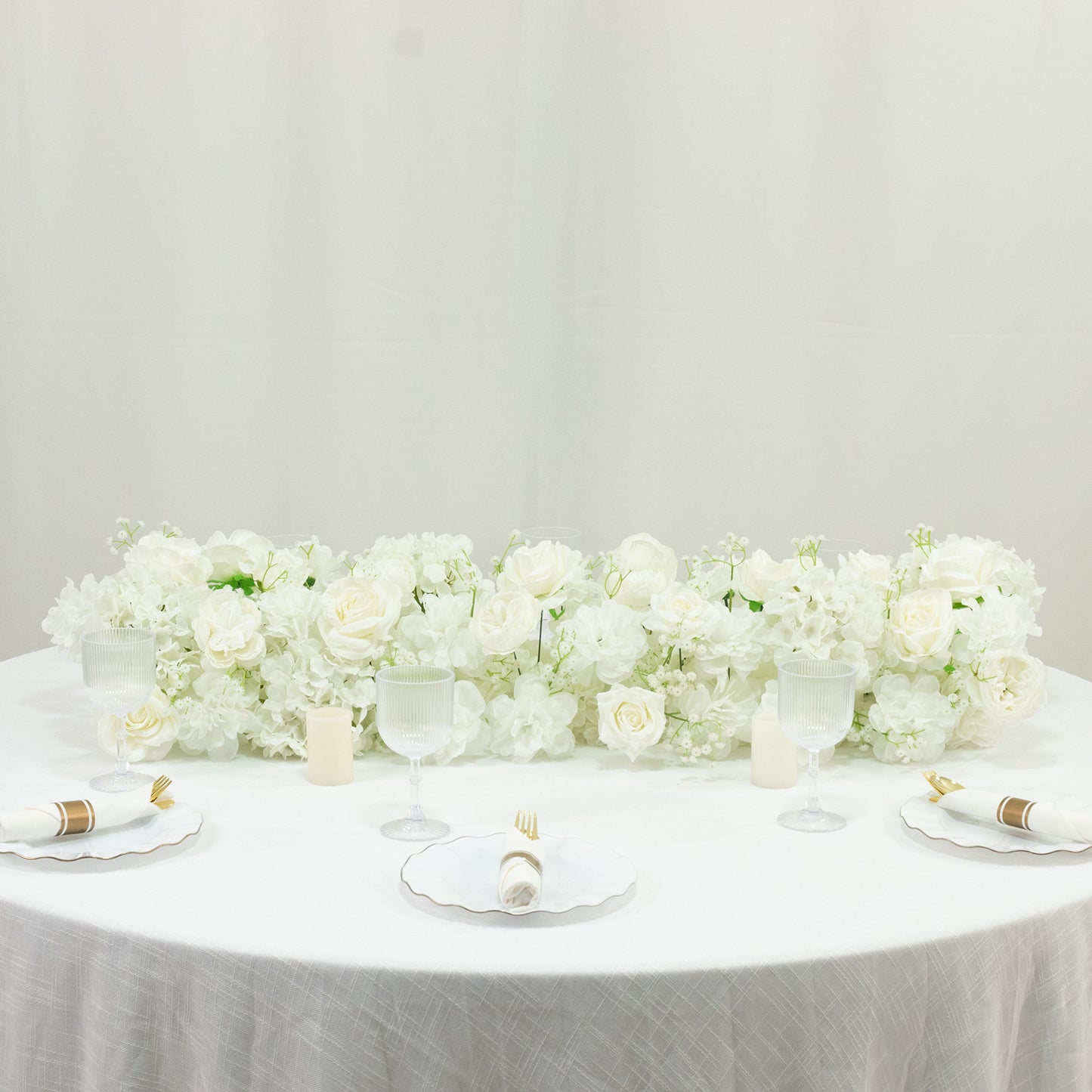 Pre-Arranged Silk Flower Table Runner 40"x16" – White Roses, Hydrangeas & Baby's Breath for Wedding Table & Arch Decor