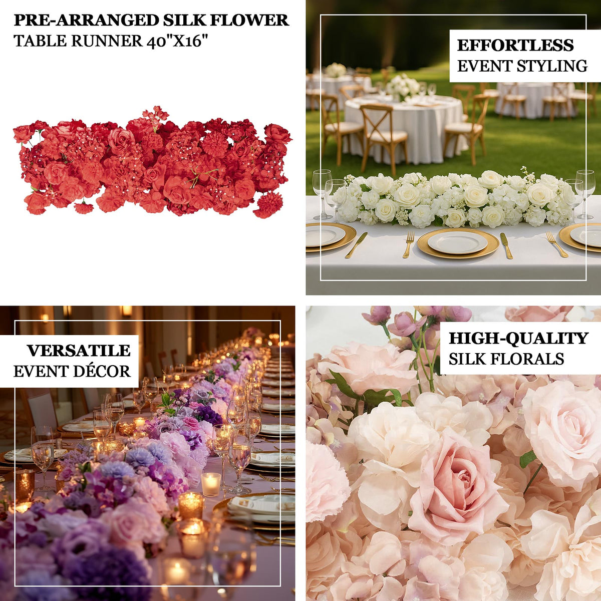 Pre-Arranged Silk Flower Table Runner 40"x16" – Mix Blush Roses, Hydrangeas & Baby's Breath for Wedd