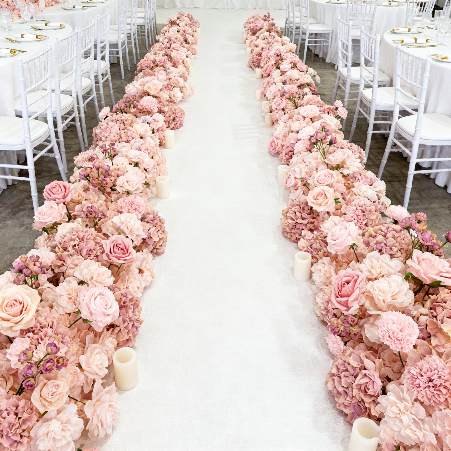 Pre-Arranged Silk Flower Table Runner 40"x16" Mixed Dusty Rose – Roses, Hydrangeas, Chrysanthemums & Peonies for Wedding Table & Arch Decor