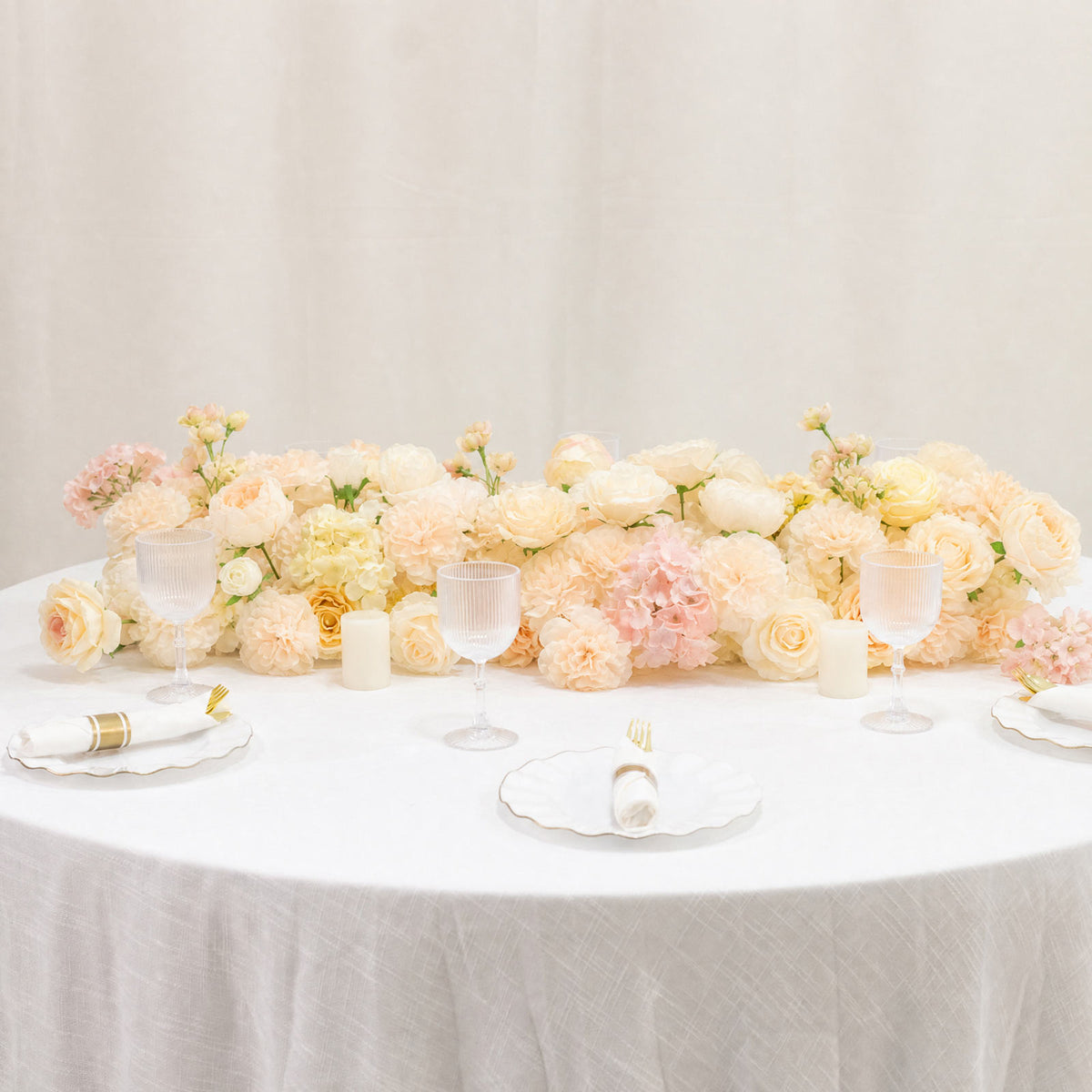 Pre-Arranged Silk Flower Table Runner 40"x16" Mixed Beige – Roses, Hydrangeas, Chrysanthemums & Peon