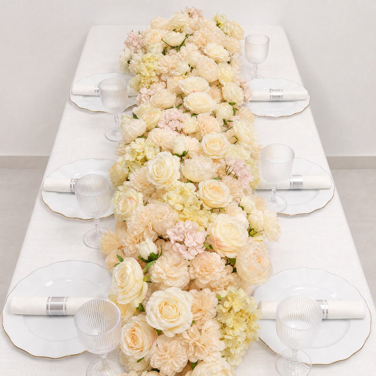 Pre-Arranged Silk Flower Table Runner 40"x16" Mixed Beige – Roses, Hydrangeas, Chrysanthemums & Peon