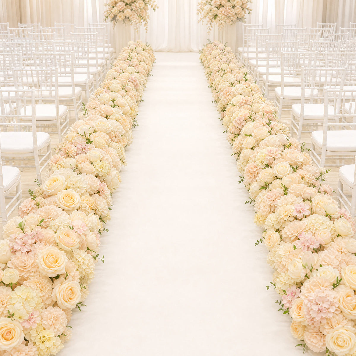 Pre-Arranged Silk Flower Table Runner 40"x16" Mixed Beige – Roses, Hydrangeas, Chrysanthemums & Peon